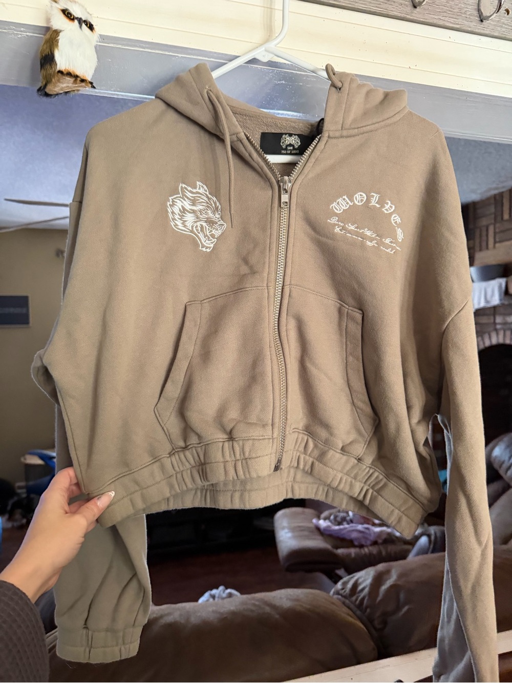 Darc Sport Taupe Cropped Zip Hoodie with Wolf Graphic